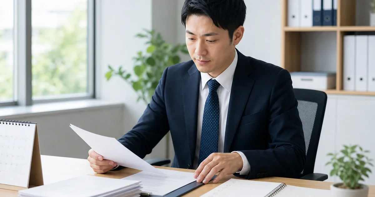 退職前の引き継ぎ書類を整理するビジネスパーソンを表したアイキャッチ画像