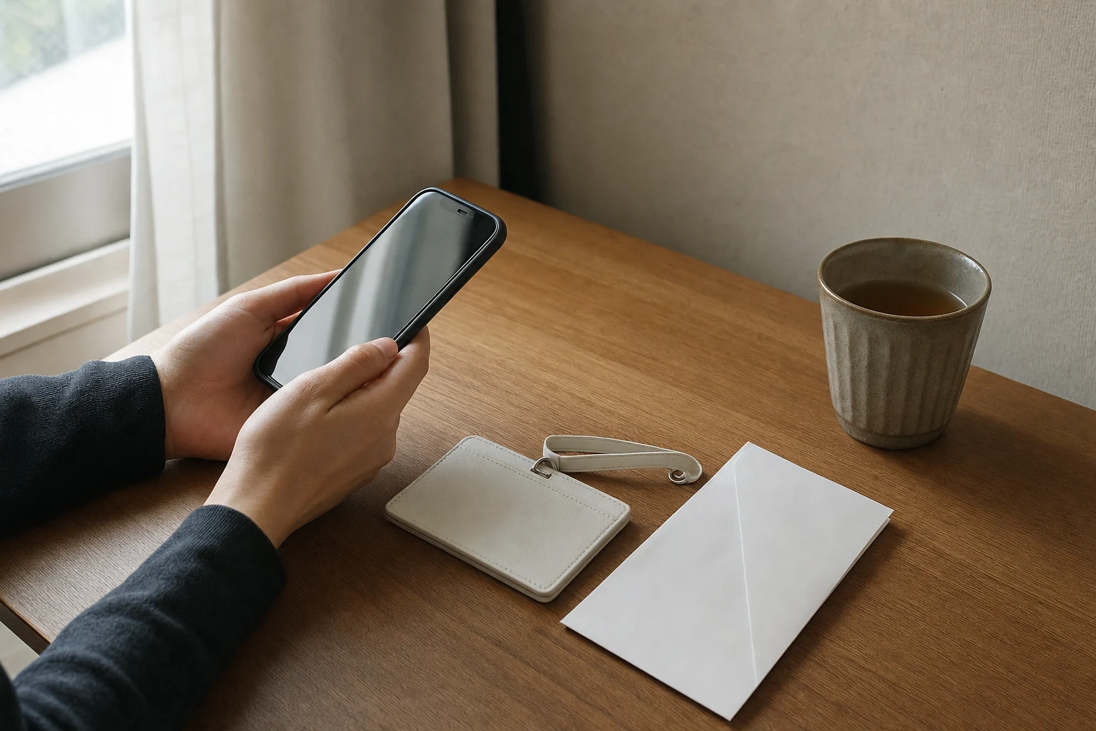 退職代行に依頼した朝、スマートフォンを手に机に向かう人の手元